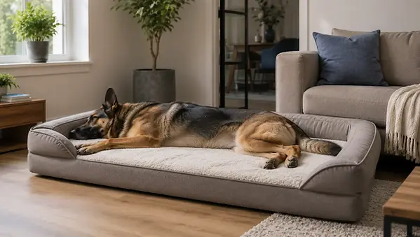 Buddy Beds Orthopedische Hondenmand XL in grijs op houten vloer met dikke traagschuimkern zichtbaar bij open ritssluiting