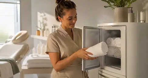 Elektrische handdoekwarmer met opgerolde doeken in een salonruimte naast een behandelstoel