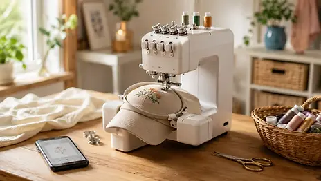 Brother Skitch PP1 compacte borduurmachine met vrije arm op een lichte werktafel naast een smartphone met de app