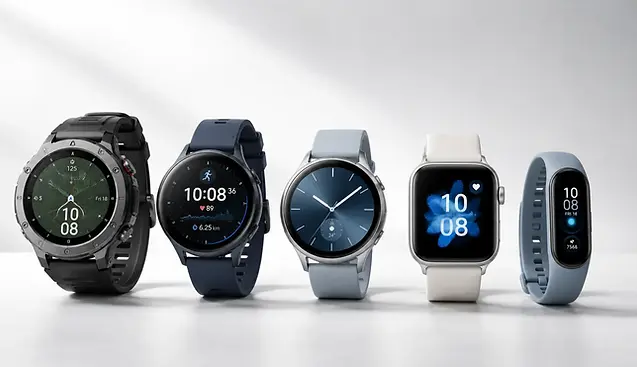 Vijf smartwatches naast elkaar op licht oppervlak, elk passend bij andere gebruikssituatie, cool blue tinten