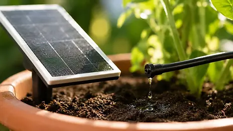 MMOBIEL irrigatiesysteem op zonne-energie met zonnepaneel en druppelaars bij kamerplanten op een lichte vensterbank