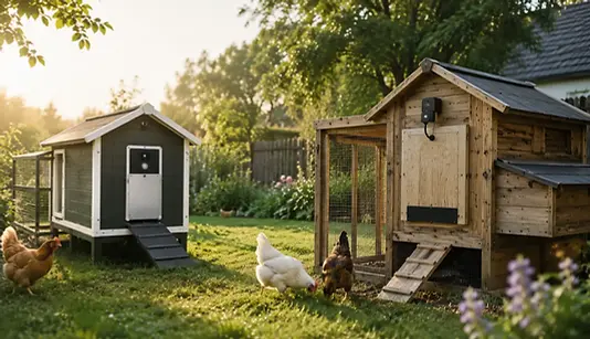 De ChickenGuard PRO en de Run-Chicken T50 automatische kippendeuren naast elkaar bij een houten kippenhok.