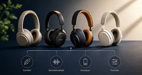 Vergelijking van premium en mid-range noise-cancelling koptelefoons op een houten tafel