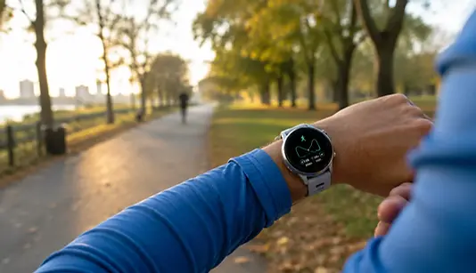 Hardloper met smartwatch op pols in ochtendlicht, modern park, cool blue en warm goud tinten