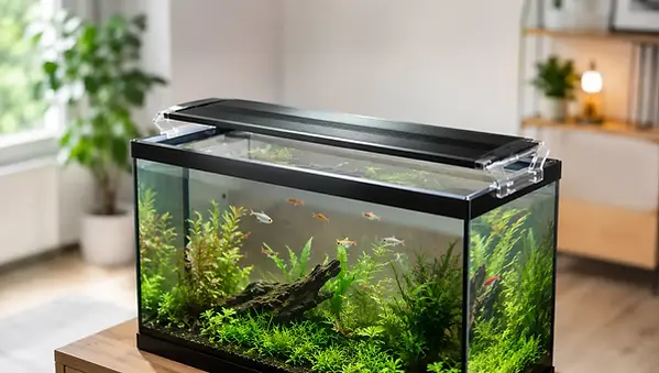 Aquatlantis EasyLED Universal 2.0 LED-balk met telescopische bevestigingsbeugels gemonteerd op een aquariumrand