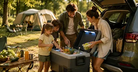 Auronic compressor koelbox van 40,5 liter met geopende deksel op een campingveld naast een tent