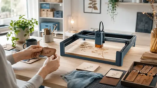 Lasergraveermachine graveert een houten plankje op een hobbybureau in een lichte werkruimte