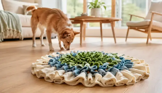 Eigenaar kiest een snuffelmat voor een hond op een licht houten vloer in moderne woonkamer