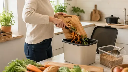 Bokashi emmer met keukenafval en een schep zemelen op het aanrecht van een lichte keuken
