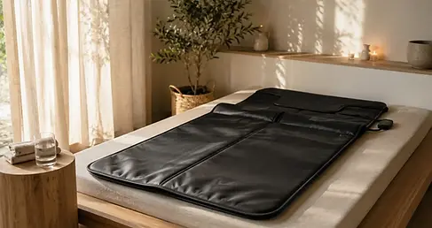 Uitgevouwen infrarood saunadeken op een bed met een glas water en een handdoek binnen handbereik