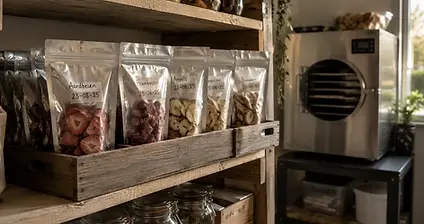 Mylar zakken met gevriesdroogd fruit en zuurstofabsorbers naast een sealapparaat op een werkblad in een voorraadkast