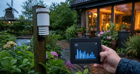 Analoge glazen regenmeter en digitale regenmeter met display naast elkaar in een Nederlandse tuin