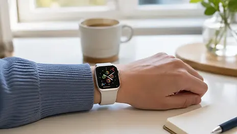 Apple Watch SE 3 met AMOLED-display op pols, modern desk-decor, cool blue tinten