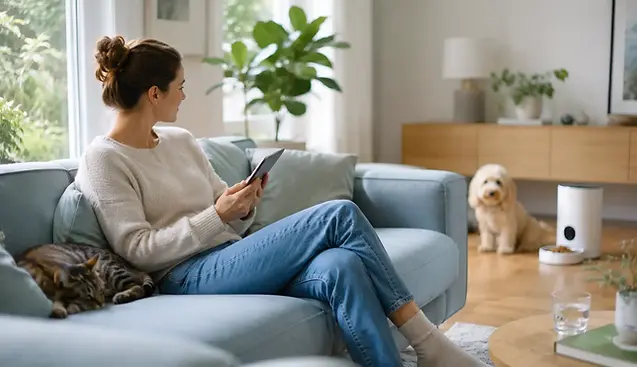 Vrouw met kat op schoot bekijkt automatische voerbakken op een tablet in haar keuken