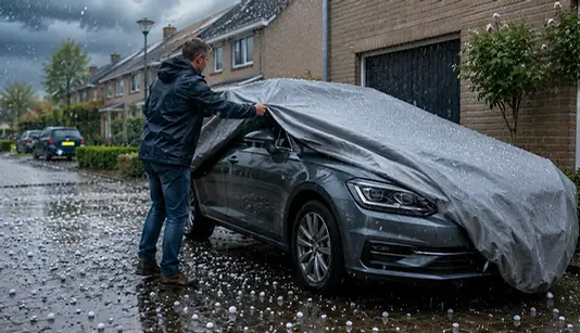 Grote hagelstenen op een oprit naast een auto met een gewatteerde beschermhoes eroverheen
