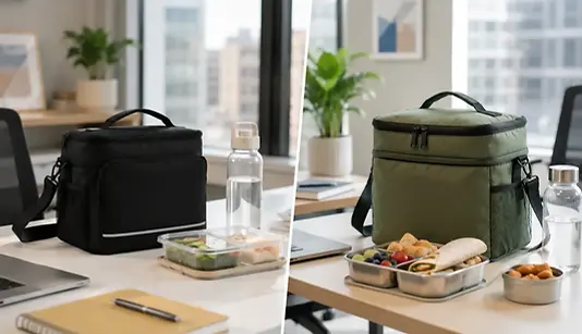 ForDig 8L zwart naast Brisby 12L groen lunchtas op een houten kantoortafel