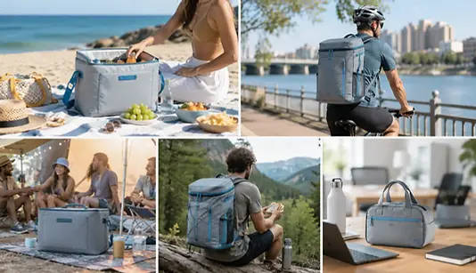 Vijf situaties waarin een koeltas of koelrugzak wordt gebruikt: strand, fiets, picknick, festival en werk