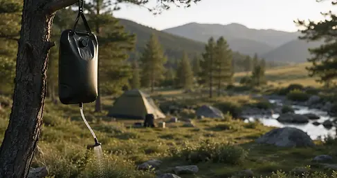 Een draagbare campingdouche in gebruik op een afgelegen natuurplek, op afstand van een beek, met biologisch afbreekbare zeep