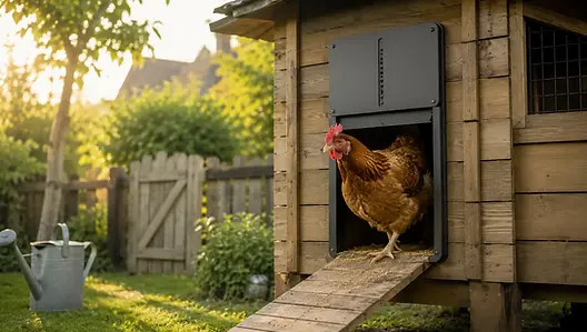 De ChickenGuard PRO automatische hokopener gemonteerd op een houten kippenhok met zelfsluitende deur.