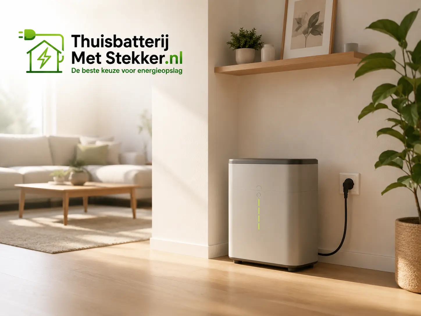 Fotorealistische 4:3 afbeelding van een compacte thuisbatterij tegen een muur met daarnaast vrije ruimte voor een toekomstige tweede unit, nette bijkeuken, helder daglicht, geen tekst, geen logo's --ar 4:3 --style raw --v 6