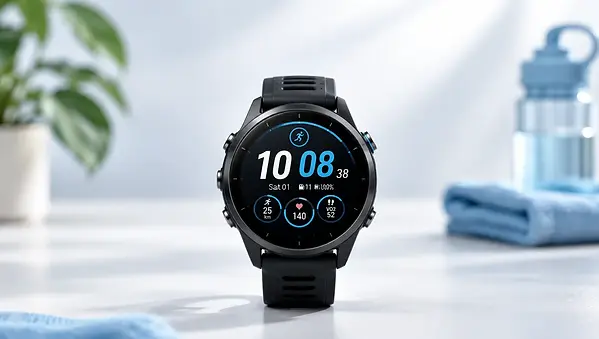 Garmin Forerunner 265 met AMOLED-scherm op pols van hardloper, ochtendlicht, cool blue tinten