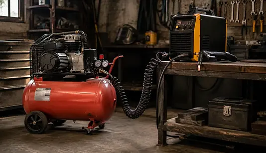 Zuigercompressor met ketel en drukregelaar naast een plasmasnijder met luchtslang in een werkplaats