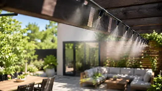 Vernevelset met verstelbare sproeikoppen op een slang boven een zonnig terras met fijne mist en planten