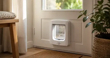 Wit kattenluik met chipherkenning en handmatig draaislot in een deur van een woonhuis