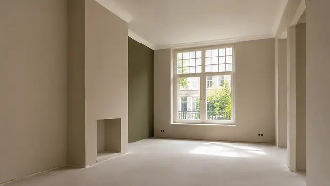 Muur die met een egale primerlaag wordt voorbereid op renovlies of schilderwerk, met daglicht