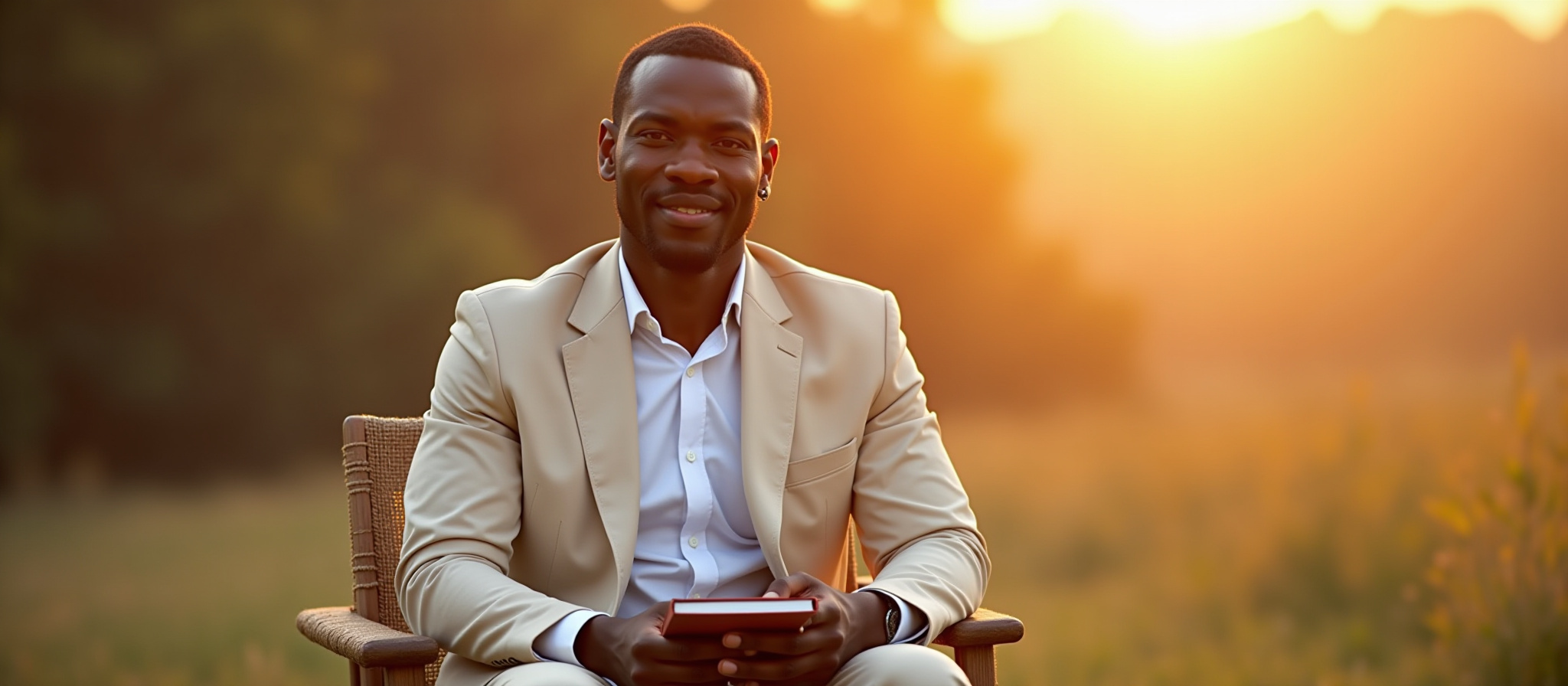 Smiling man in suit holding tablet