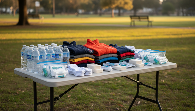 Wide-angle view of a quiet outreach table with water bottles and care items in a public park