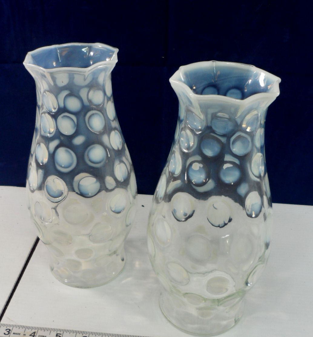 Pair of Opalescent Coin Dot Chimney Fenton Glass