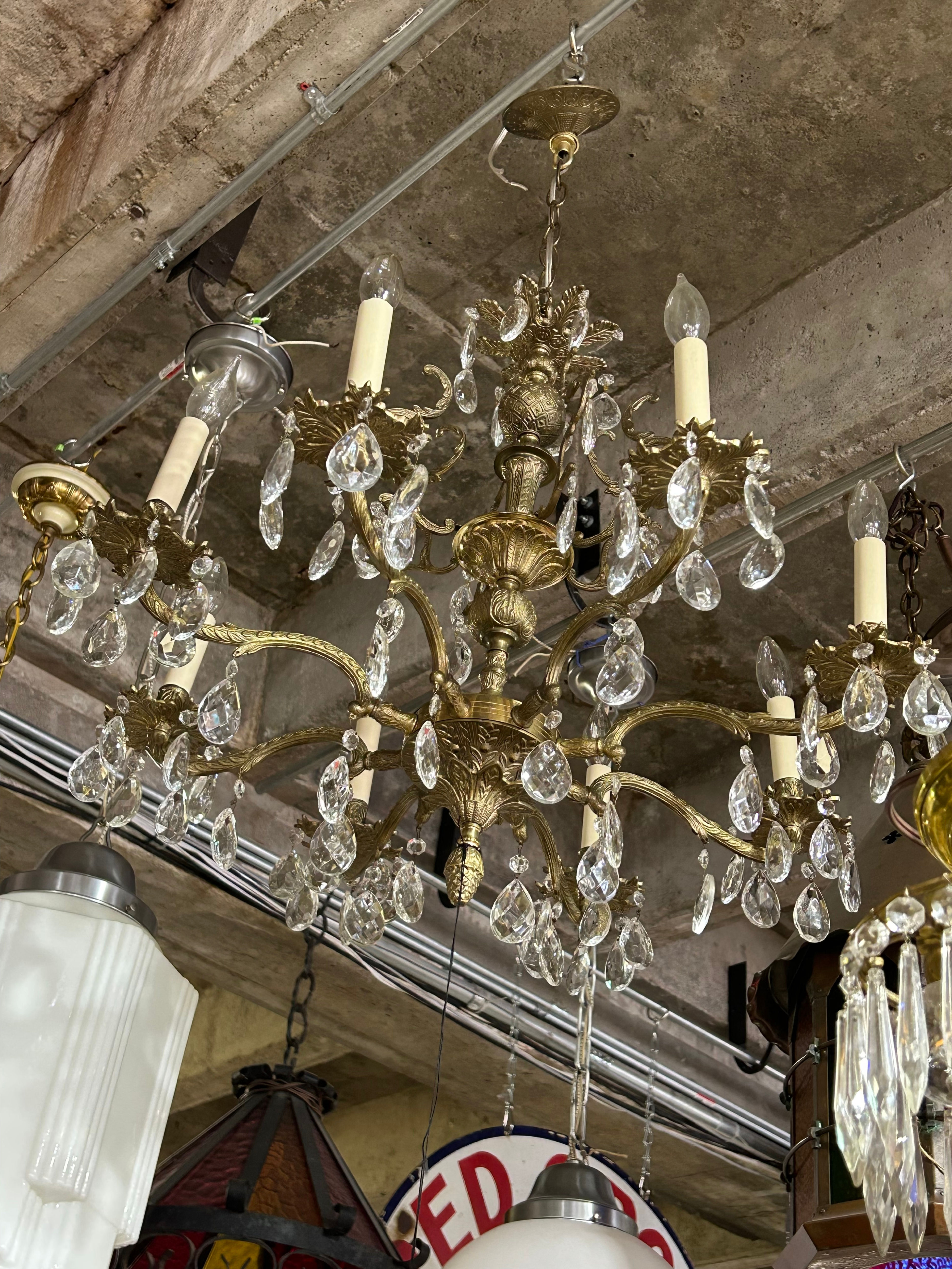 Vintage Brass 8-Light Chandelier with Crystals