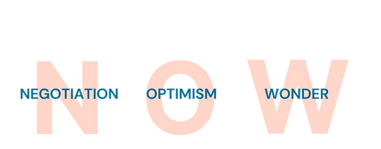 salmon colored letters "N O W" with "NEGOTIATION", "OPTIMISM", "WONDER" inside