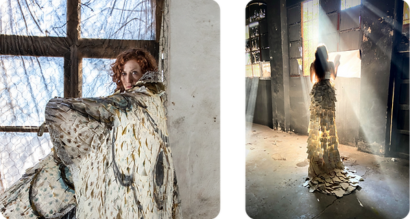 woman with a moth cloak and a woman with a paper dress