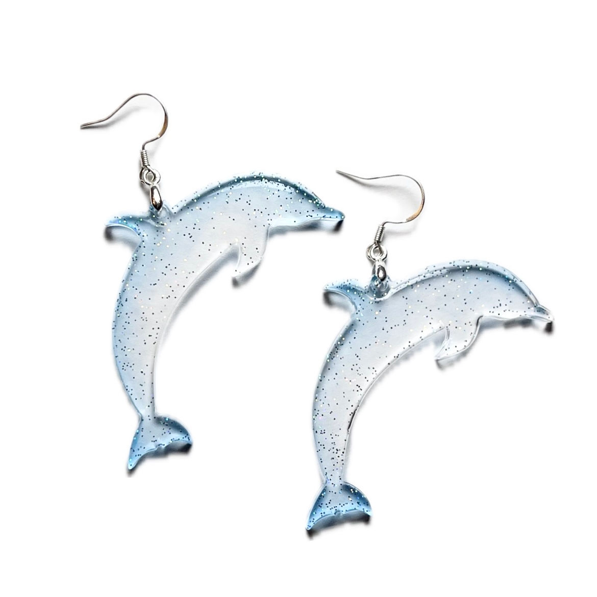 Resin Dolphin Earrings with Glitter, 925 Sterling Silver Hooks, Ocean-Inspired