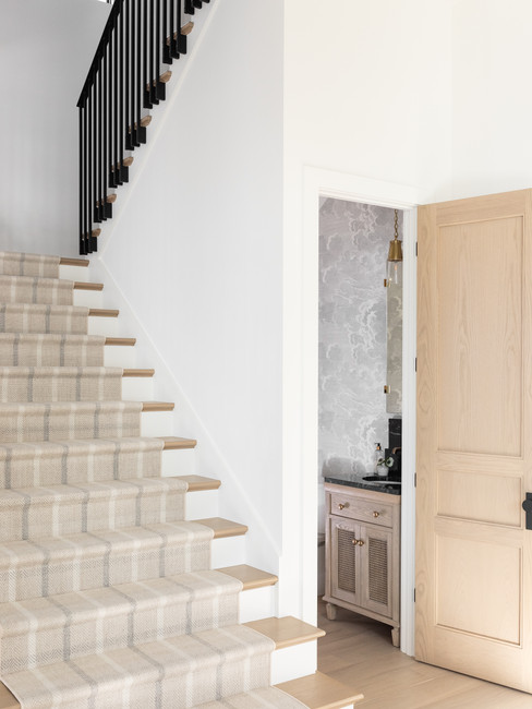 beige and grey plaid stair runner
