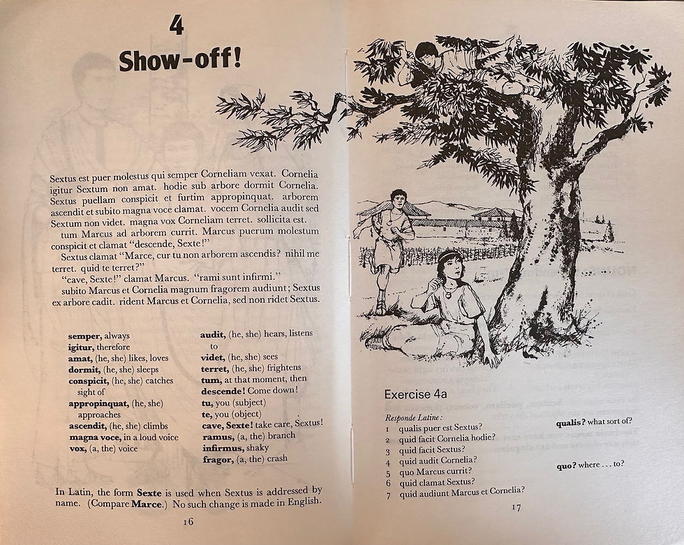 Pages 16-17 (from the 2nd edition) show the integration of narrative text, image and responde Latine! questions. One can easily imagine a teacher making full use of all the elements at their disposal here.