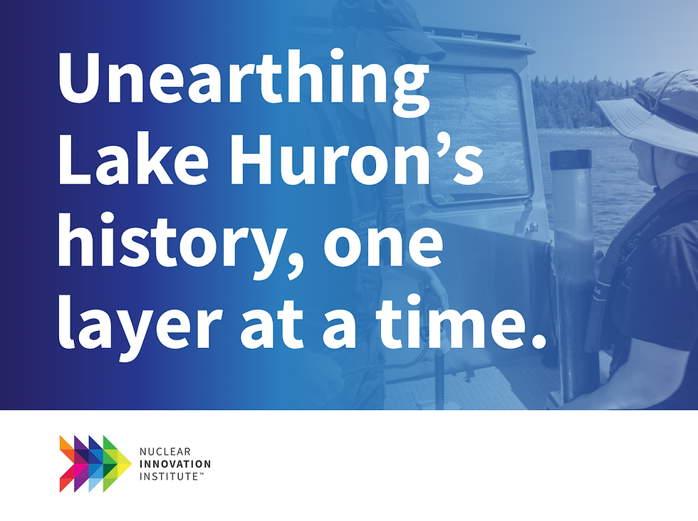 Text: Unearthing Lake Huron’s history, one layer at a time. Two people on a boat with lake and forest backdrop. Logo: Nuclear Innovation Institute.