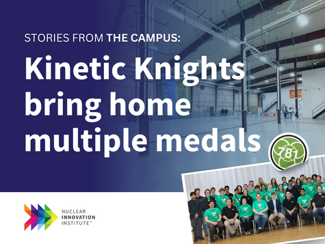 Caption reads "Stories from the Campus: Kinetic Knights bring home multiple medals" with a team photo on top of The Cortex space at the NII Advance Technology Campus