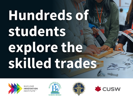 Students engage with hands-on activities, exploring skills at the Built to Lead event. Text: "Hundreds of students explore the skilled trades."