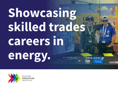 Two students in work gear stand by a table with "UBC Local 2222" materials. Text: Showcasing skilled trades careers in energy.
