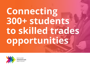 Orange and pink gradient with text: "Connecting 300+ students to skilled trades opportunities." Image of a young woman wiring an outlet. Nuclear Innovation Institute logo.