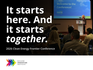 Conference audience listening to Jessica Linthorne on stage. Text reads: It starts here. And it starts together. 2026 Clean Energy Frontier Conference