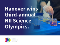 Hand stirring liquid in beaker on blue table. Text: "Hanover wins third-annual NII Science Olympics." Nuclear Innovation Institute logo
