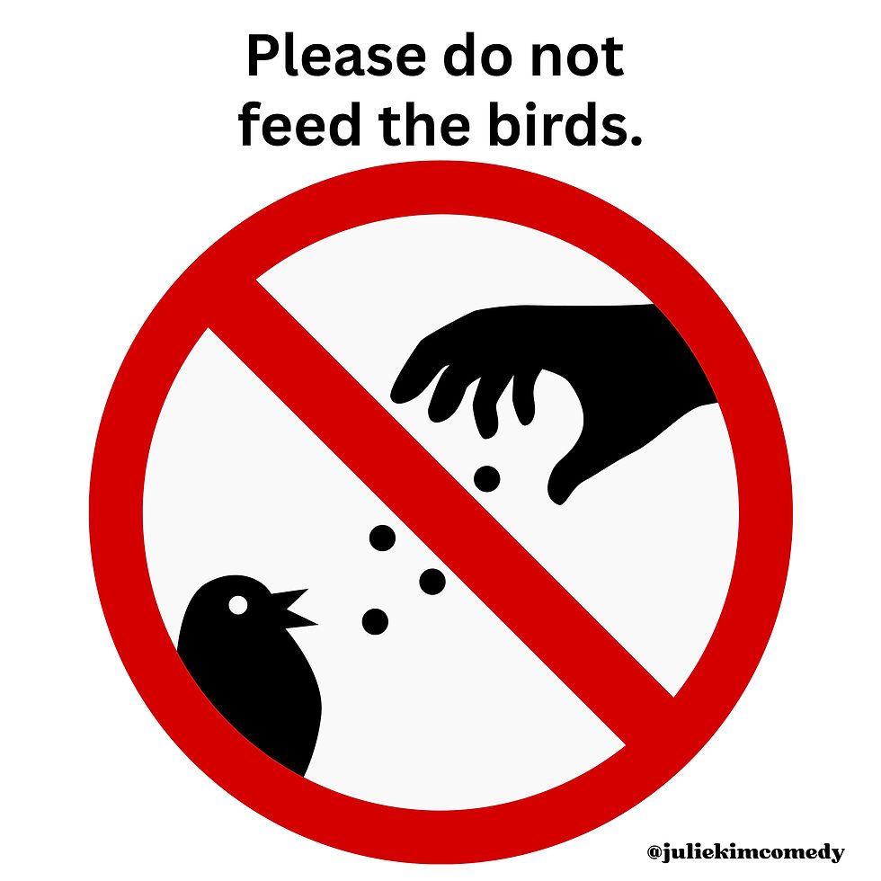 Red circle with a slash over a hand feeding a bird. Text above reads “Please do not feed the birds.” Mood: instructional.