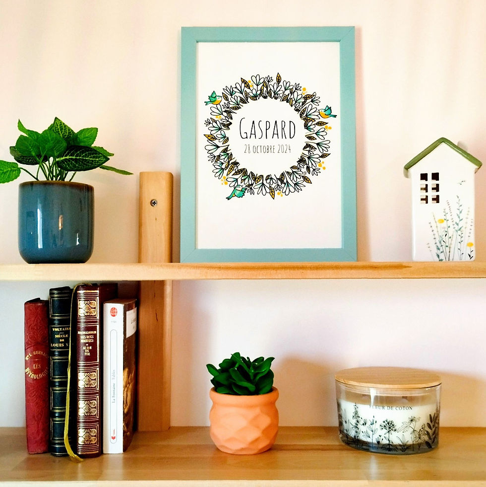 Miniature : Affiche bébé personnalisable fleurs oiseaux pour une naissance vendue par Fred et ses Lilas