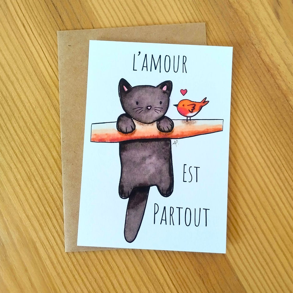 Carte chat poétique artisanale à l'aquarelle par Fred et ses Lilas