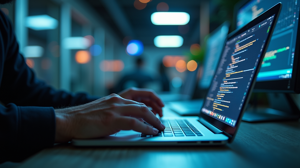 Eye-level view of a technician working on a laptop remotely