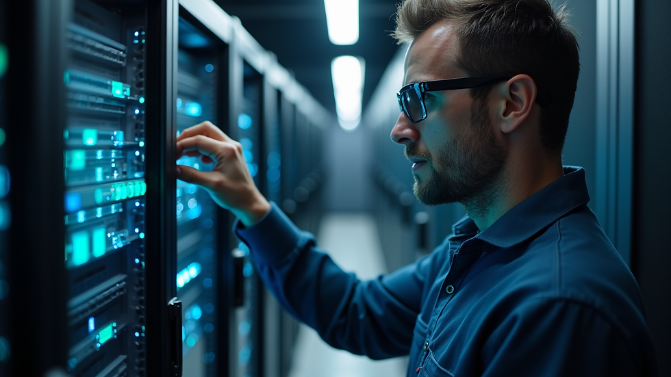 Close-up view of a technician configuring network equipment in a server room